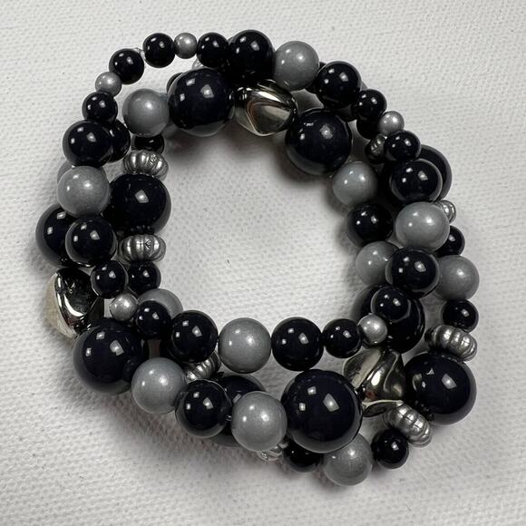 Handmade Beaded Bracelet Trio Matte Silver Gray Slate Blue - Picture 1 of 5